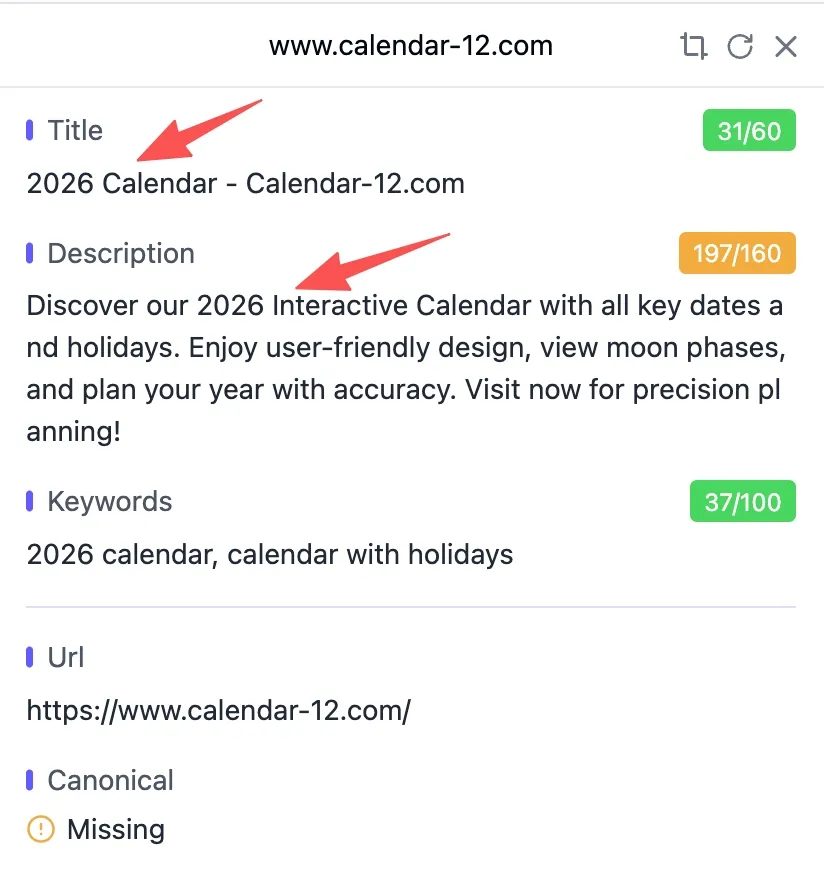 Current SEO meta shows 2026 in title/description