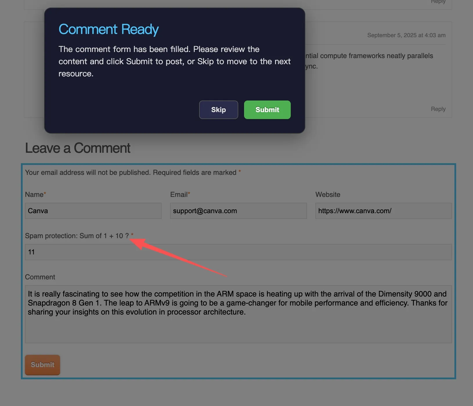 调试模式示例：可识别简单算术验证码并展示待提交状态